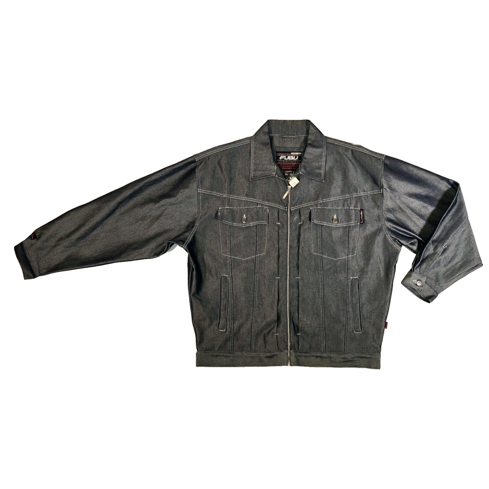 Vintage FUBU Thick Metallic Black Denim Full Zip Trucker Jacket Size XXL New